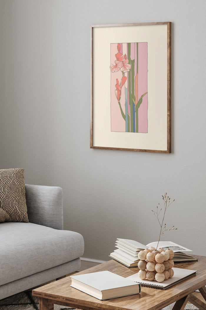 Modern framed poster of floral art in a stylish living room setting
