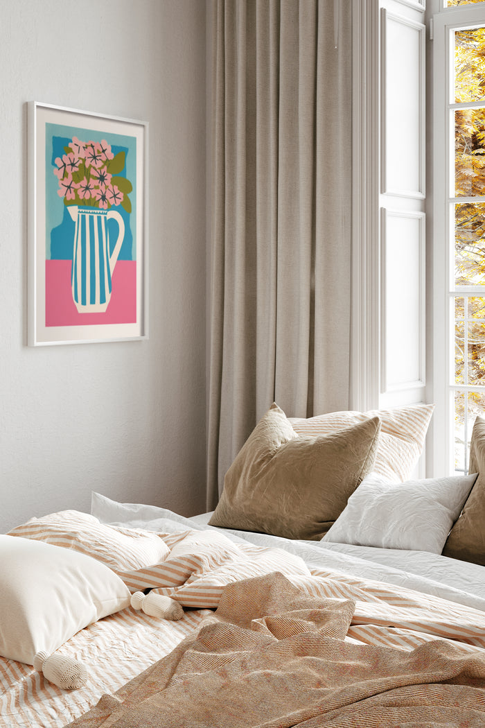 Stylish modern floral art poster with pink flowers in blue and white striped vase, wall art in cozy bedroom interior