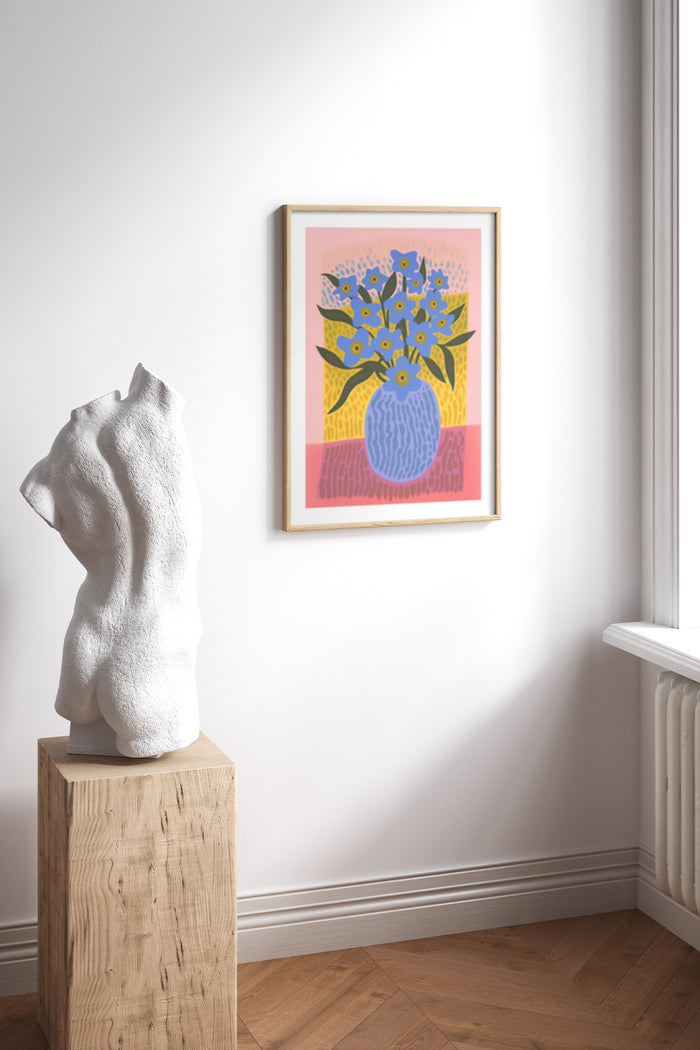 Contemporary floral artwork poster displayed above a wooden pedestal with a white sculpture in an interior setting