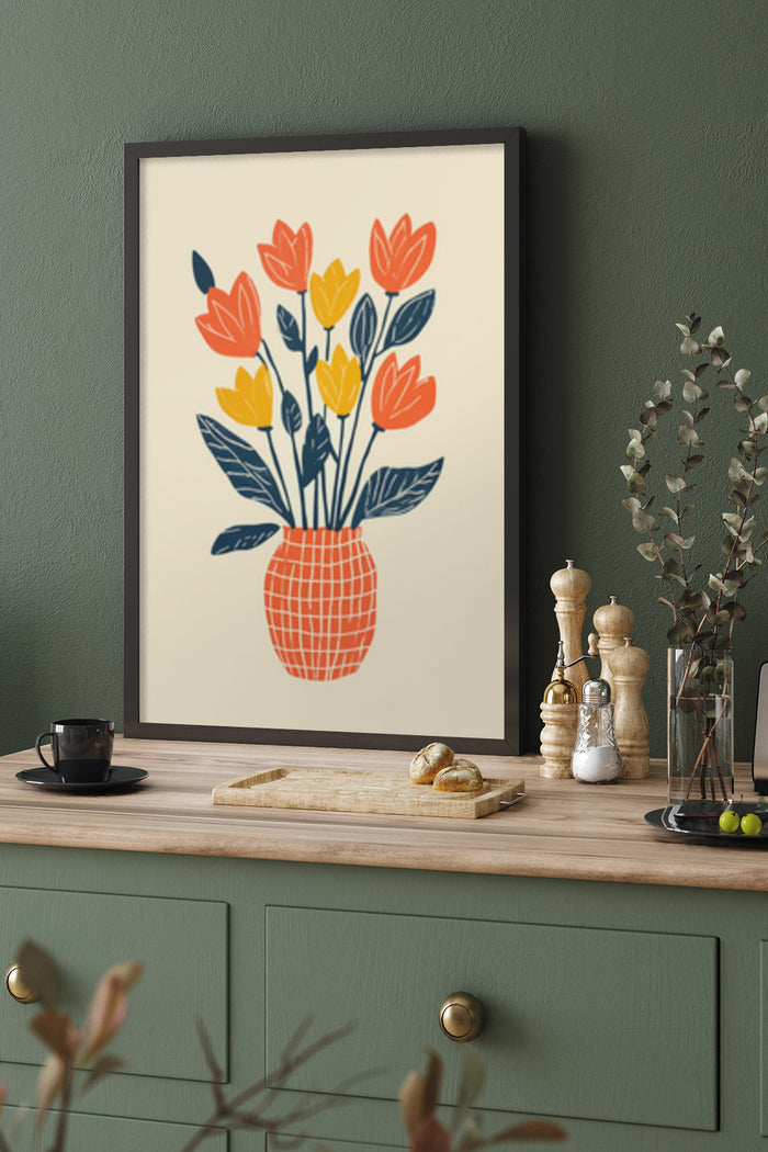 Modern floral art poster featuring red and yellow tulip bouquet in a geometric vase, displayed in a contemporary kitchen setting