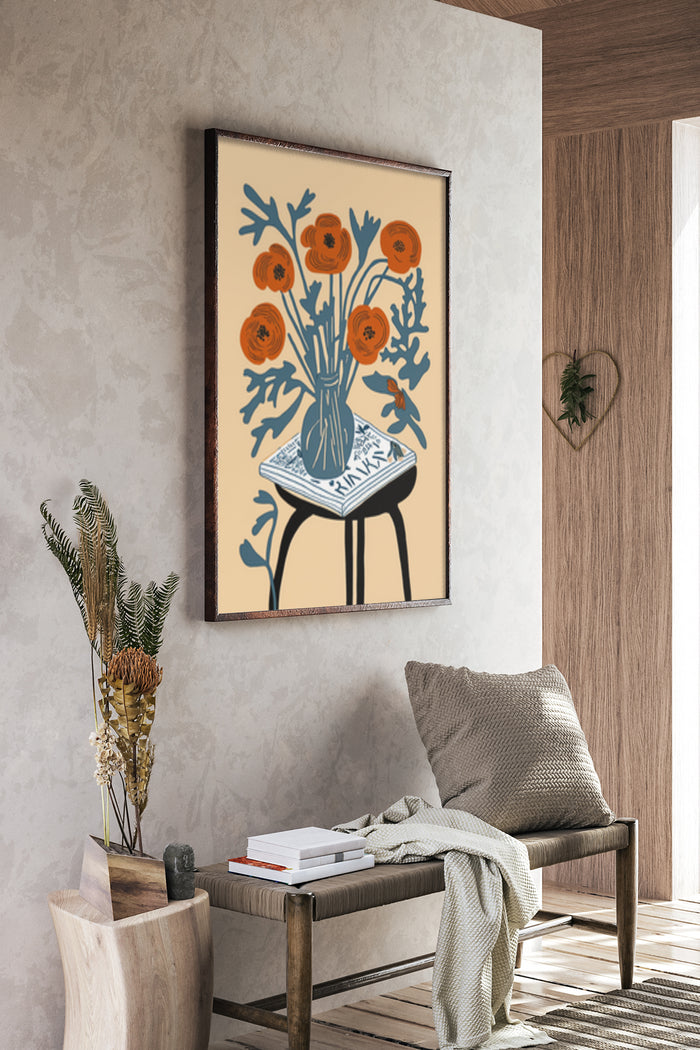 Orange flowers in vase art poster in home interior setting