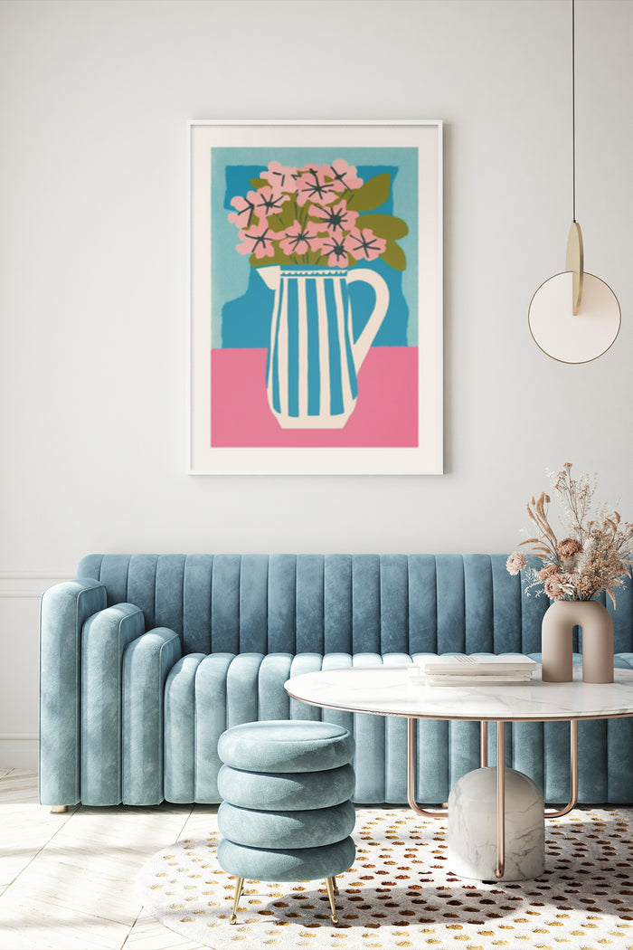 Modern floral poster art featuring pink flowers in a striped vase in a stylish living room