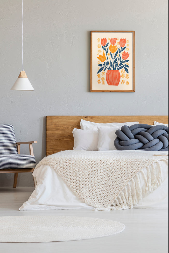 Stylish modern bedroom with a floral artwork poster featuring tulips in a vase, cozy bedding, and minimalist furniture