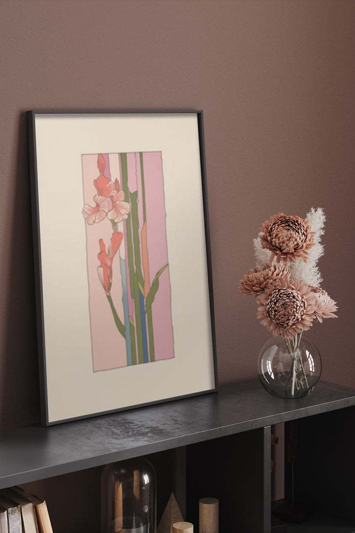 Modern floral art poster in a chic interior setting with complementary vase of dried flowers