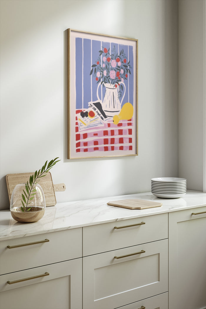 Contemporary floral still life poster with books and fruit on kitchen wall