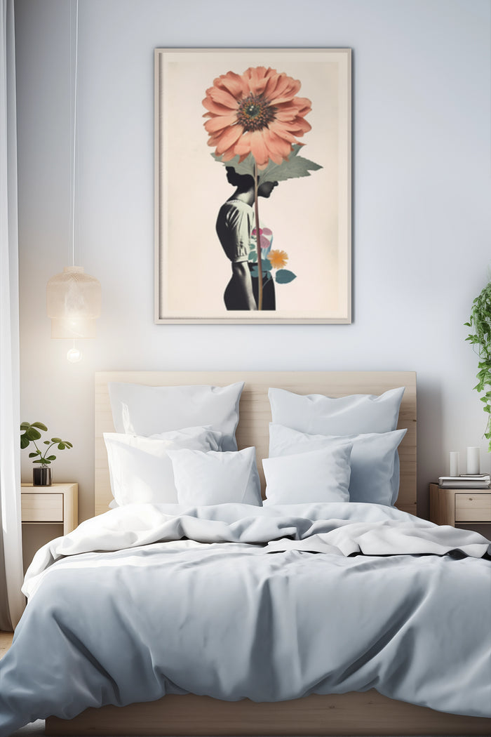 Elegant modern bedroom interior with floral silhouette artwork poster decor