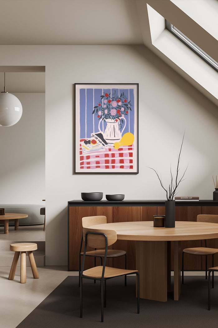 Stylish modern interior with a floral still life poster featuring a vase with flowers and fruits on a checkered tablecloth