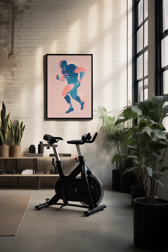 Stylized modern football player artwork poster in a trendy home gym setting with exercise bike