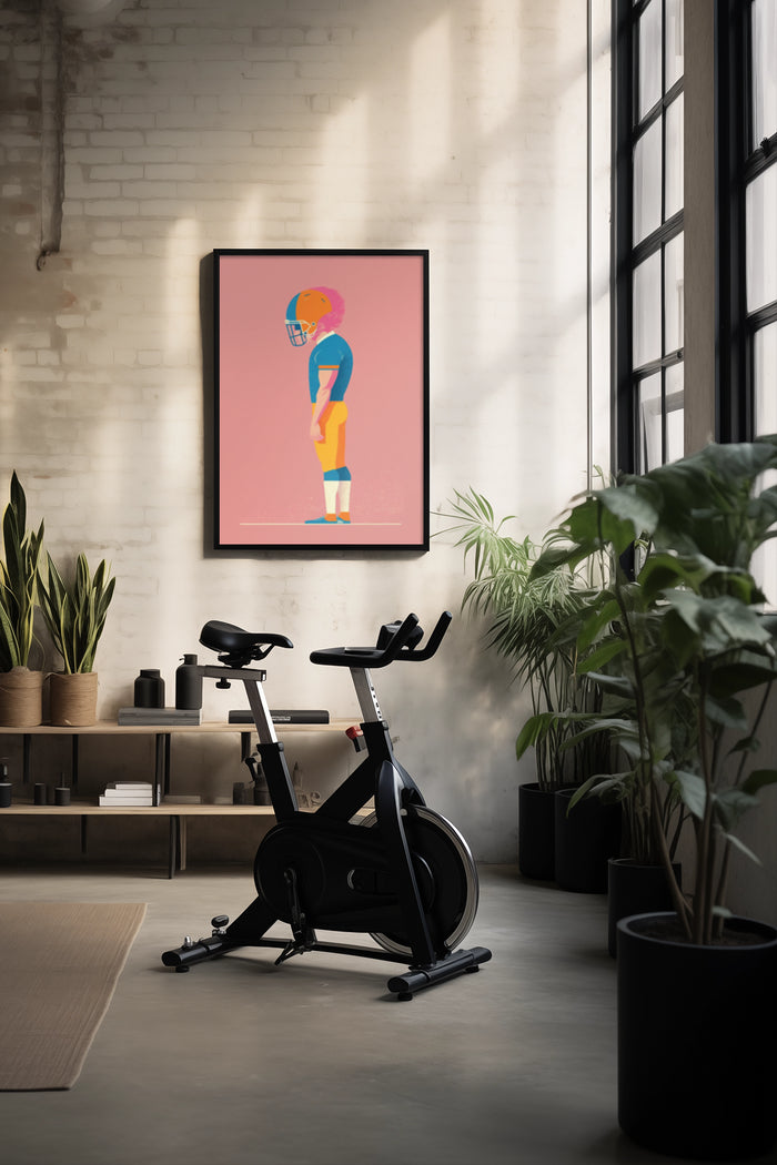 Stylized modern illustration of a football player, framed poster hanging in a trendy home gym with exercise bike and plants