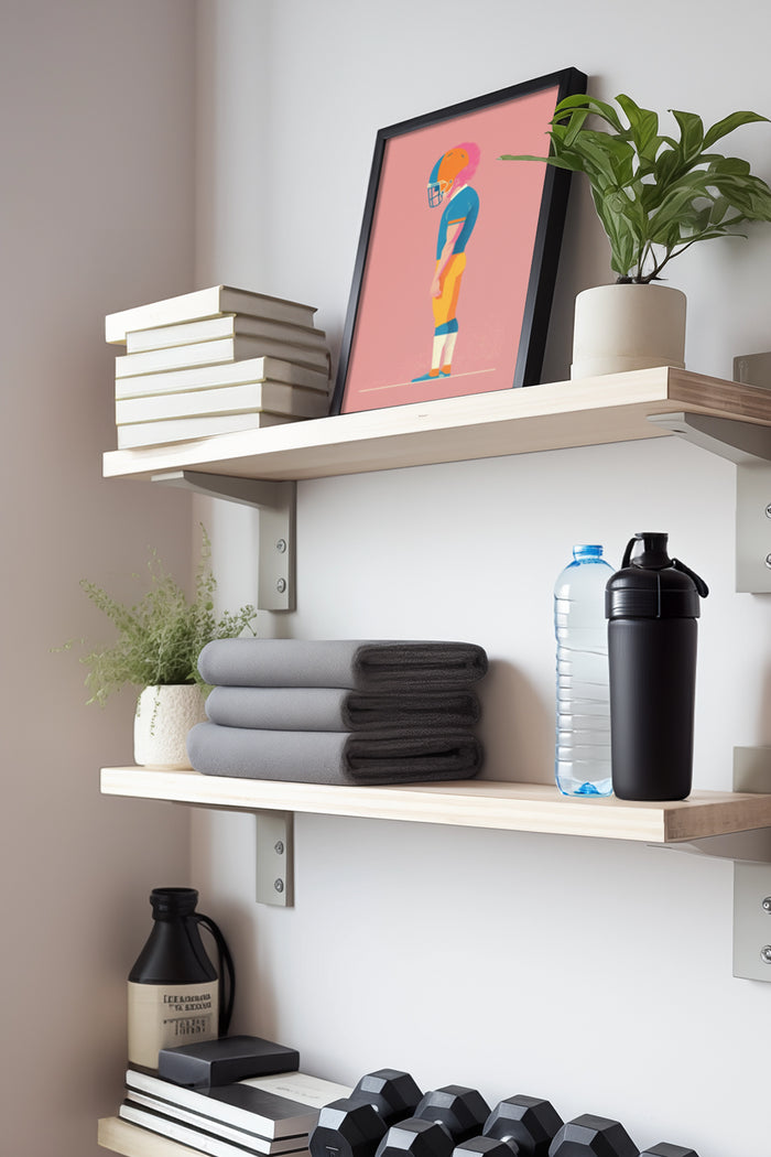 Stylized modern football player poster art displayed on a home shelf with decorative items and fitness equipment