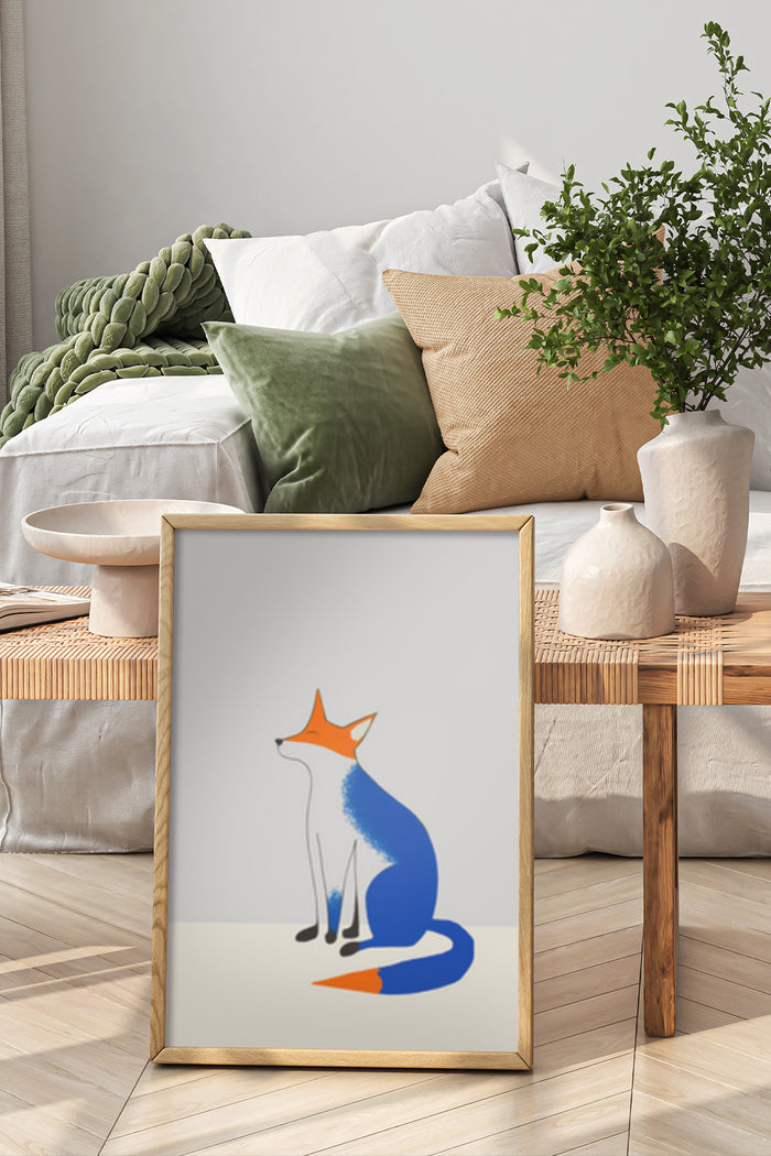 Stylish contemporary fox illustration poster framed in a bedroom setting