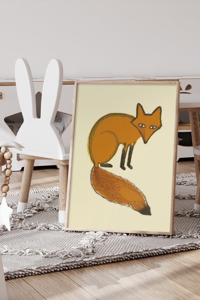 Modern stylized fox art print poster in a contemporary room setting