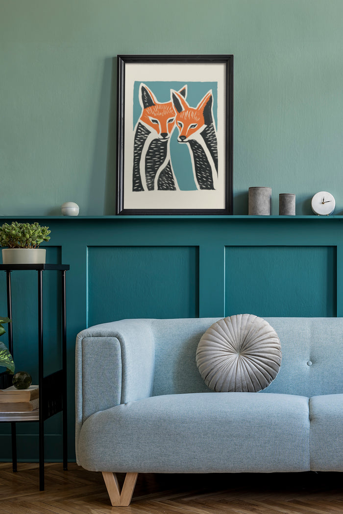 Modern abstract fox artwork in stylish living room interior, framed poster above blue sofa