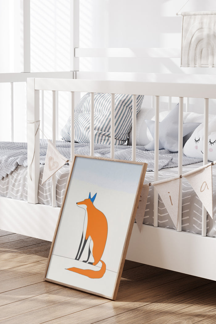 Stylish contemporary fox illustration poster leaning against white crib in a modern nursery interior