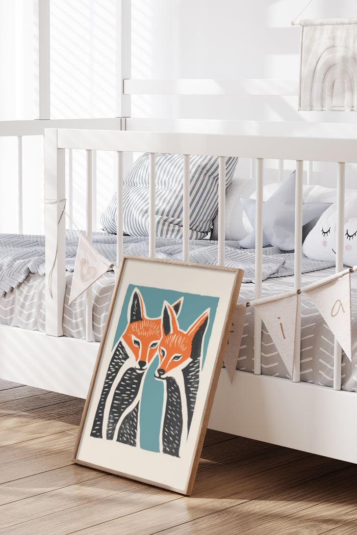 Contemporary fox illustration poster leaning against the wall in a stylish nursery room with crib and pillows