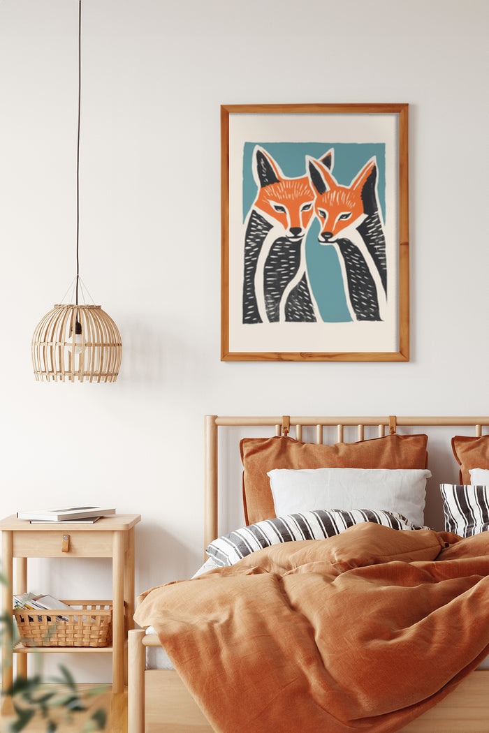 Stylish modern fox artwork in a minimalistic bedroom interior design