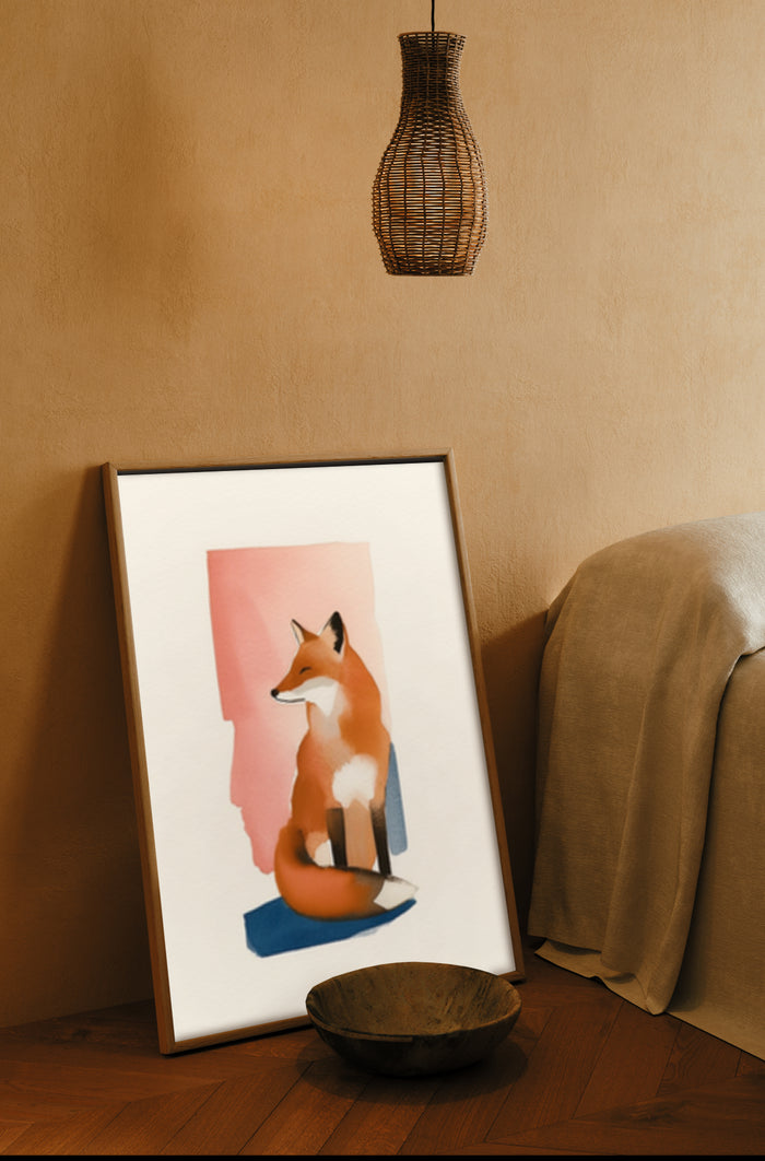 Modern stylized fox artwork in a poster on a home interior wall with cozy decor