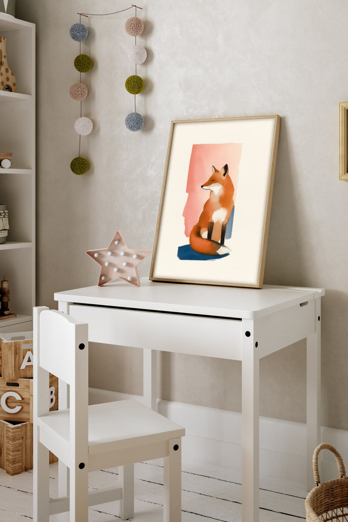 Modern illustrated fox artwork poster framed on a children's white desk against a textured wall