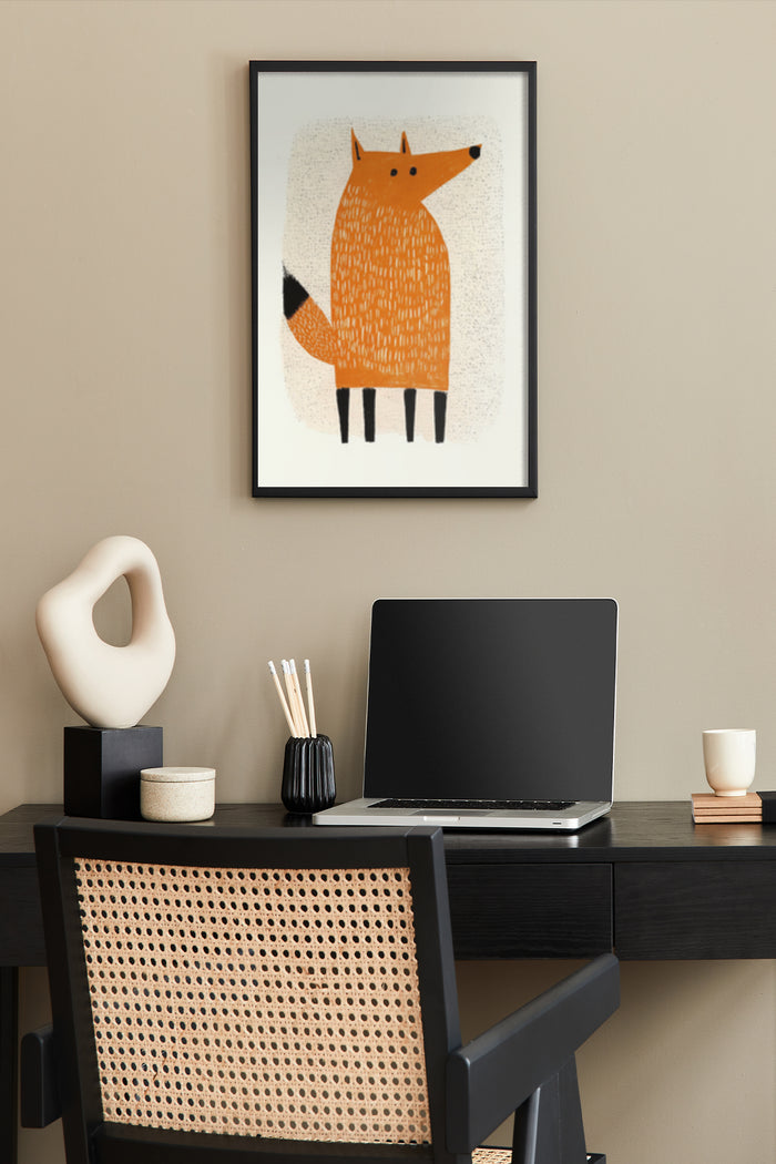 Stylish modern fox illustration poster framed on wall above a home office desk setup