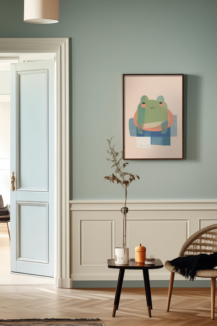 Modern minimalistic frog illustration poster in a stylish interior setting