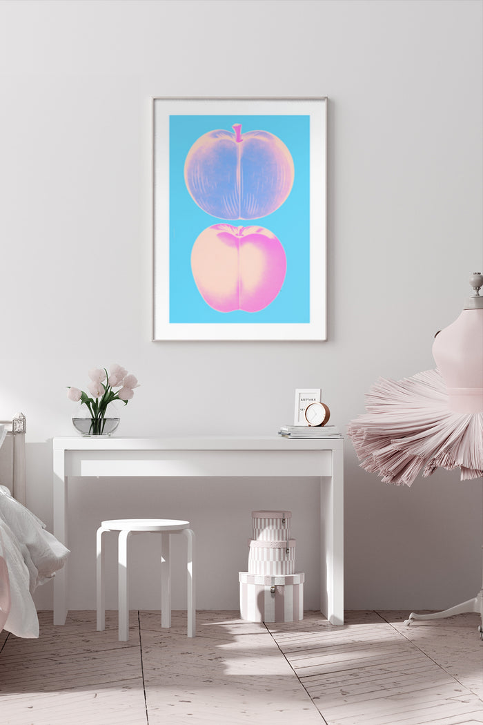 Contemporary Dual Apple Illustration Poster in Modern Bedroom Setting