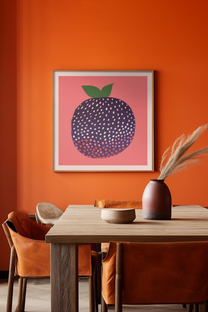 Contemporary apple poster in pink and navy with polka dots, stylish dining room decor