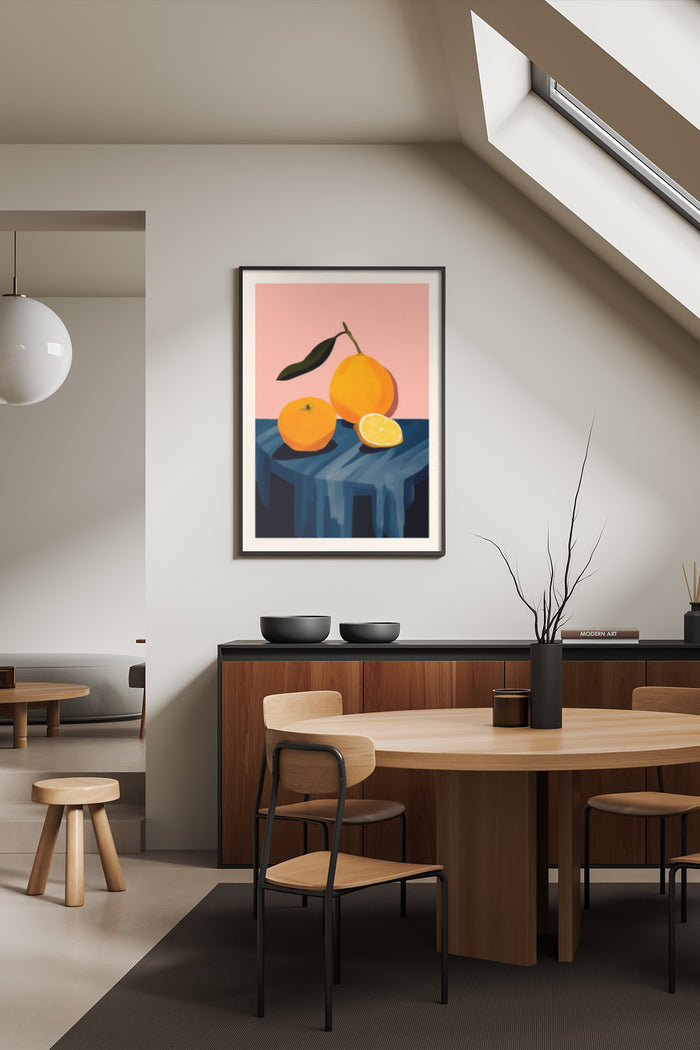 Contemporary orange and lemon painting displayed in stylish home interior with wooden furniture