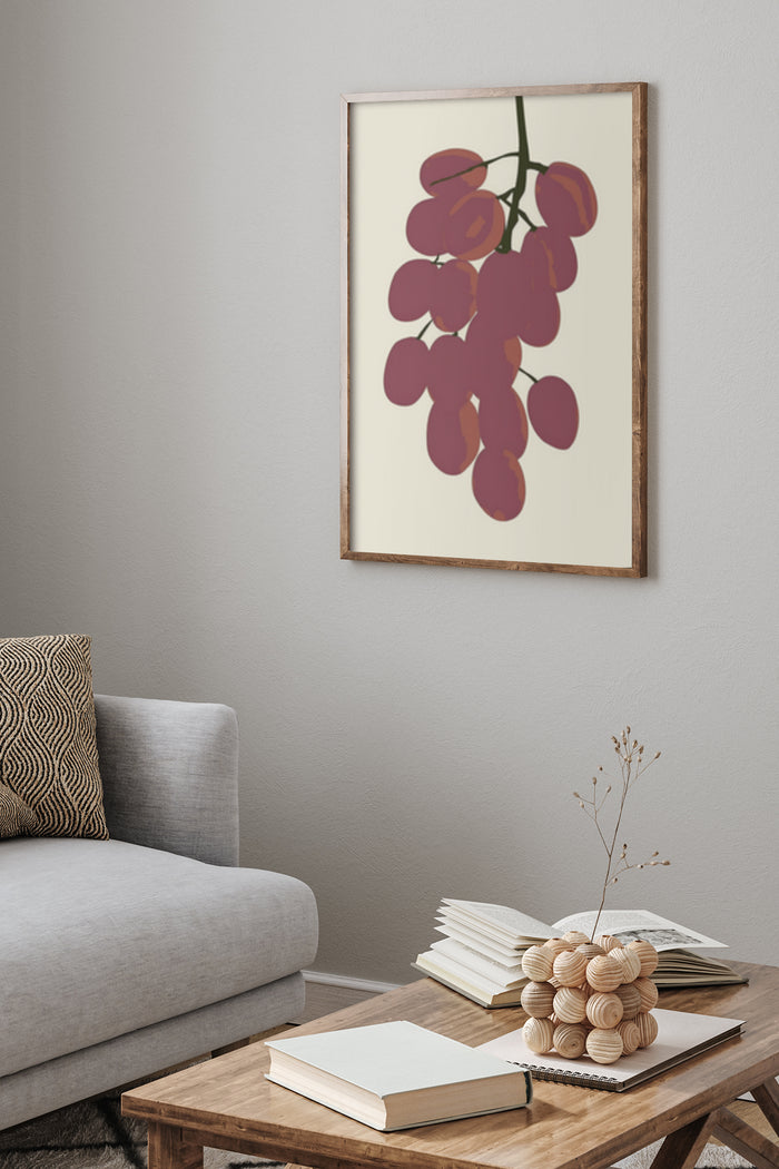 Stylish purple grapes poster artwork displayed in a contemporary living room setting