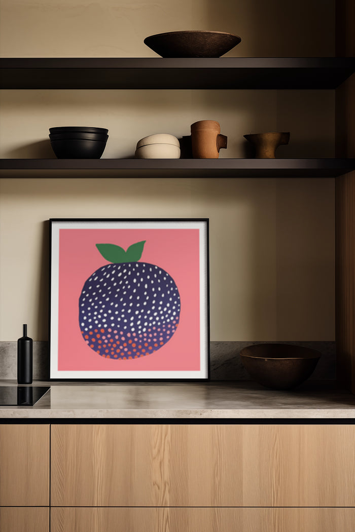 Stylized Strawberry Art Poster Displayed on Modern Shelf