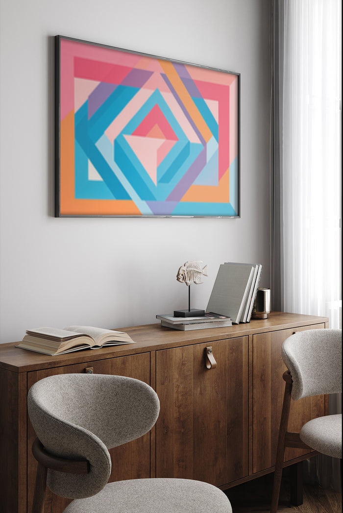 Colorful modern geometric art poster framed on a wall above wooden cabinet in a stylish home office decor