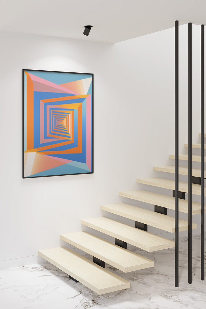 Colorful modern geometric art poster framed on a wall above staircase in contemporary interior design