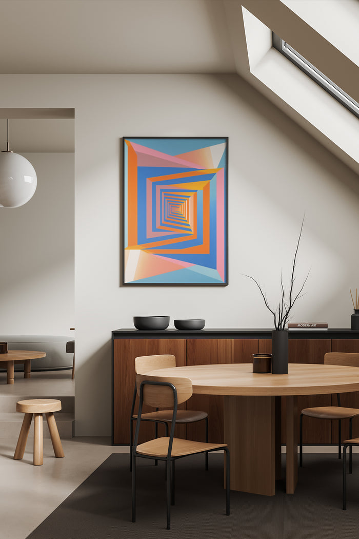 Colorful modern geometric art poster displayed in a stylish minimalist dining room interior