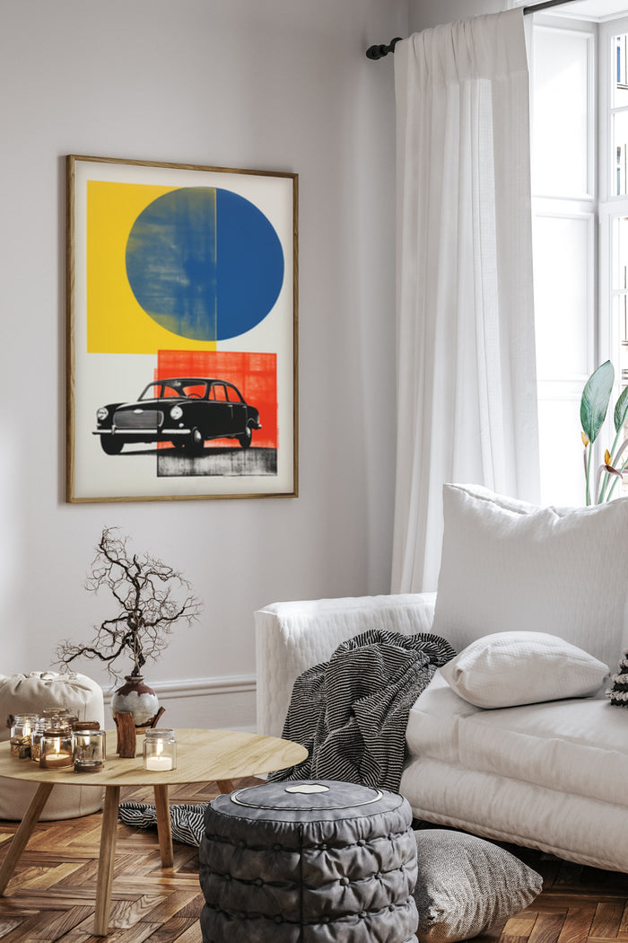 Modern geometric art poster featuring a black car and color blocks of yellow and blue in a stylish living room