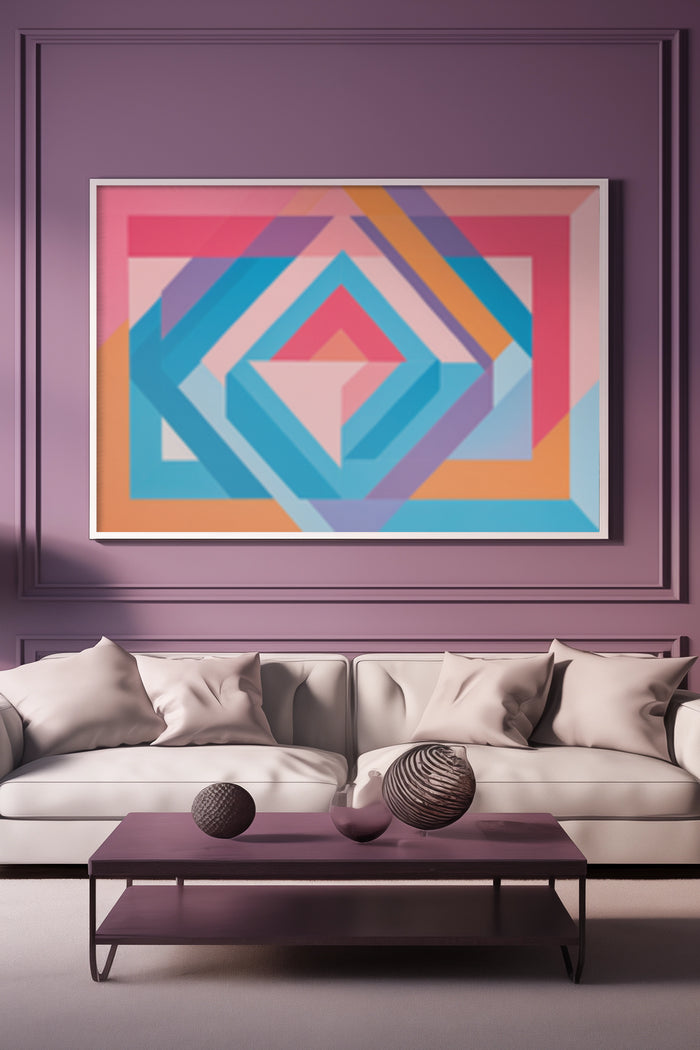 Contemporary geometric pattern poster in vibrant colors framed in a stylish living room with purple walls and white sofa