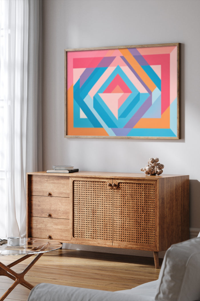 Colorful modern geometric abstract artwork poster framed on a living room wall above a wooden cabinet