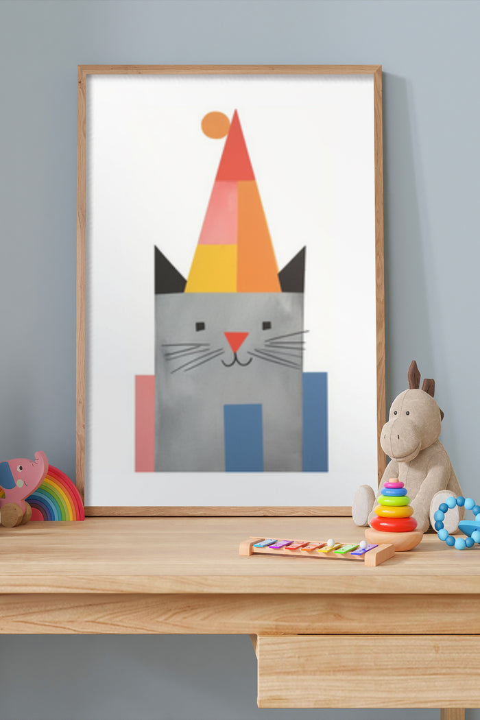 Colorful geometric cat illustration in a children's room setting