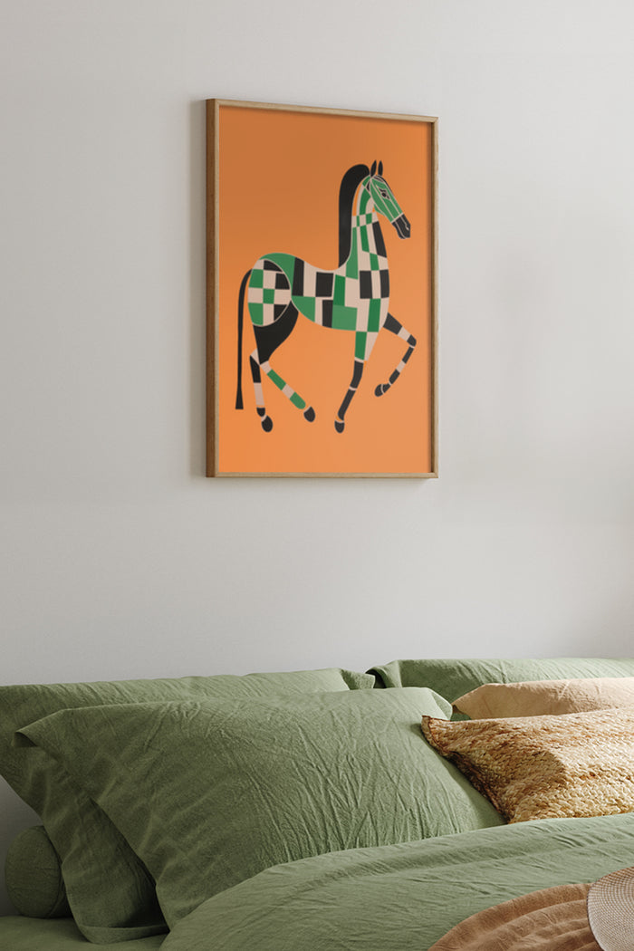 Modern geometric horse artwork poster in a bedroom setting with orange background