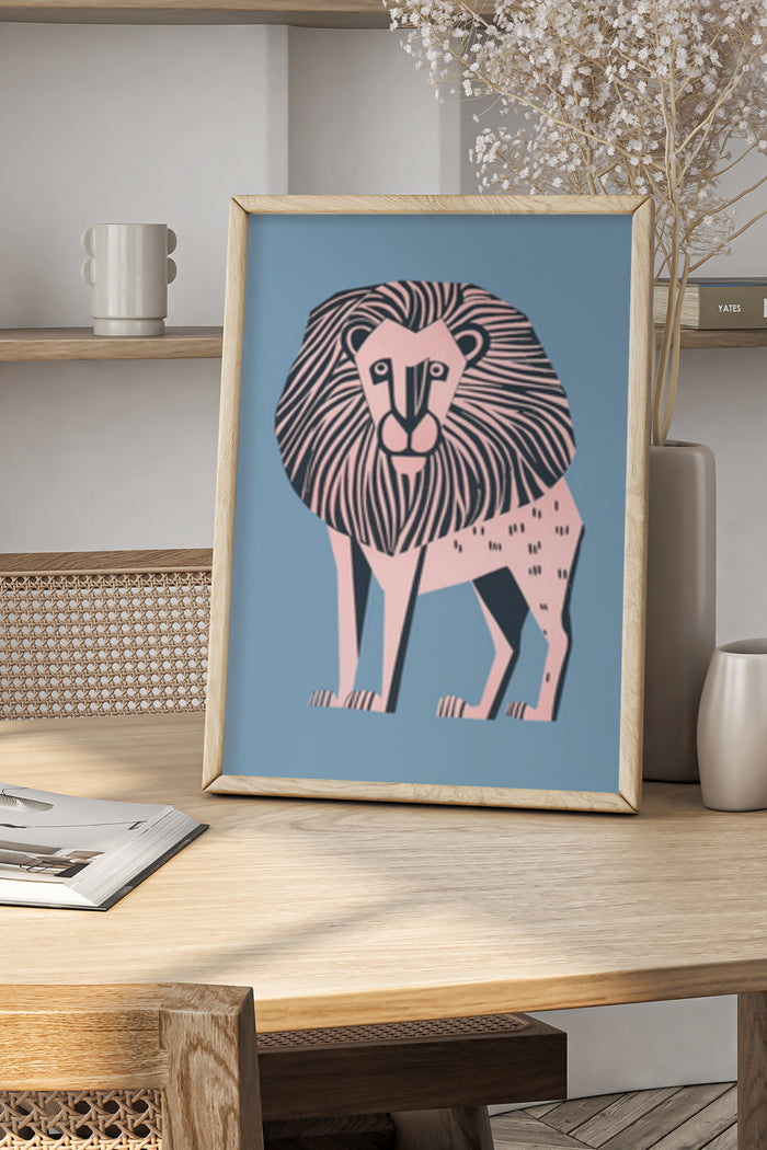 Stylized Geometric Lion Illustration Modern Art Poster in Frame