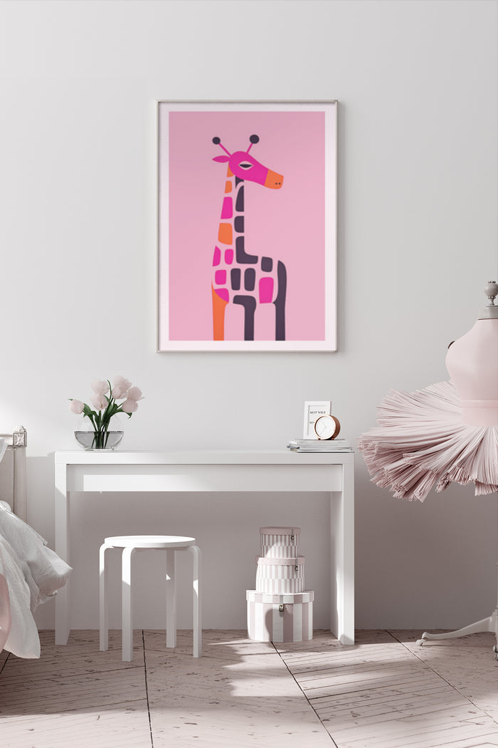 Stylish bedroom interior with modern giraffe art poster on the wall