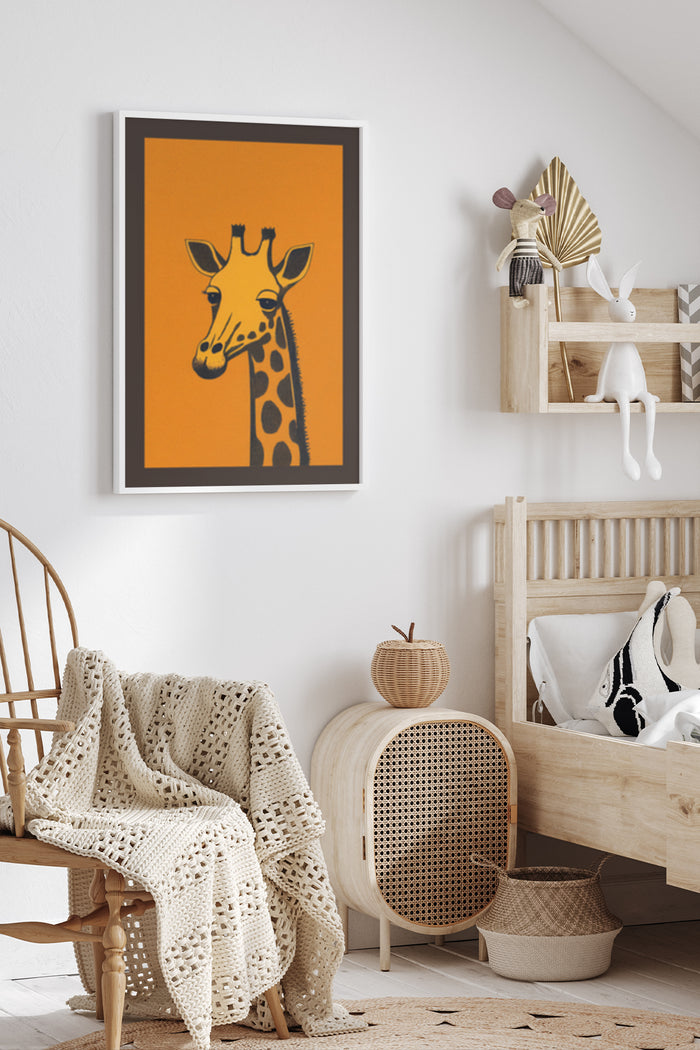 Stylish modern giraffe art poster with orange background in a cozy interior decor setting