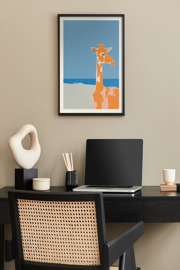 Modern stylized giraffe artwork with beach background in a home office setting
