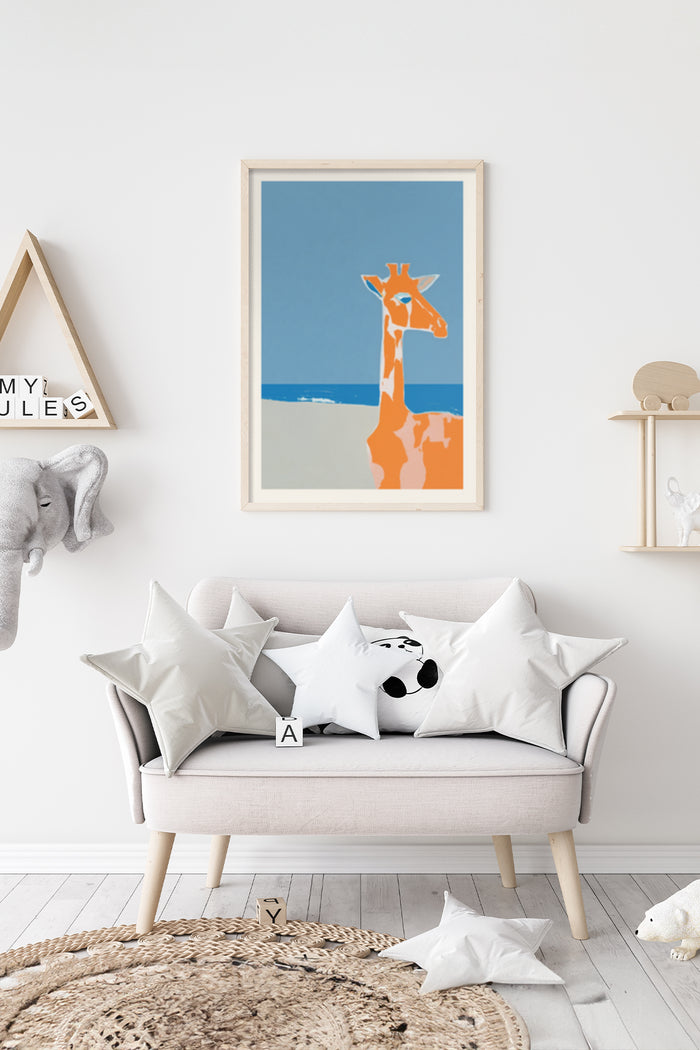 Stylized giraffe graphic art poster framed on a wall above a sofa with decorative cushions in a cozy interior design