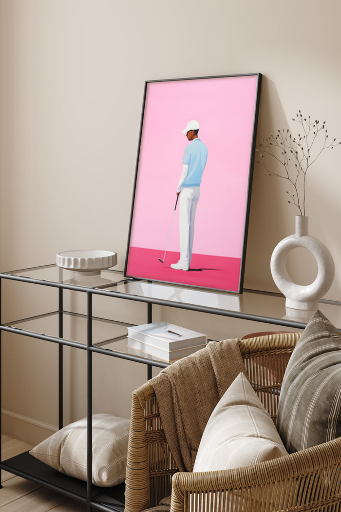 Illustration of a modern golfer on a vivid pink background framed poster in a stylish home decor setting