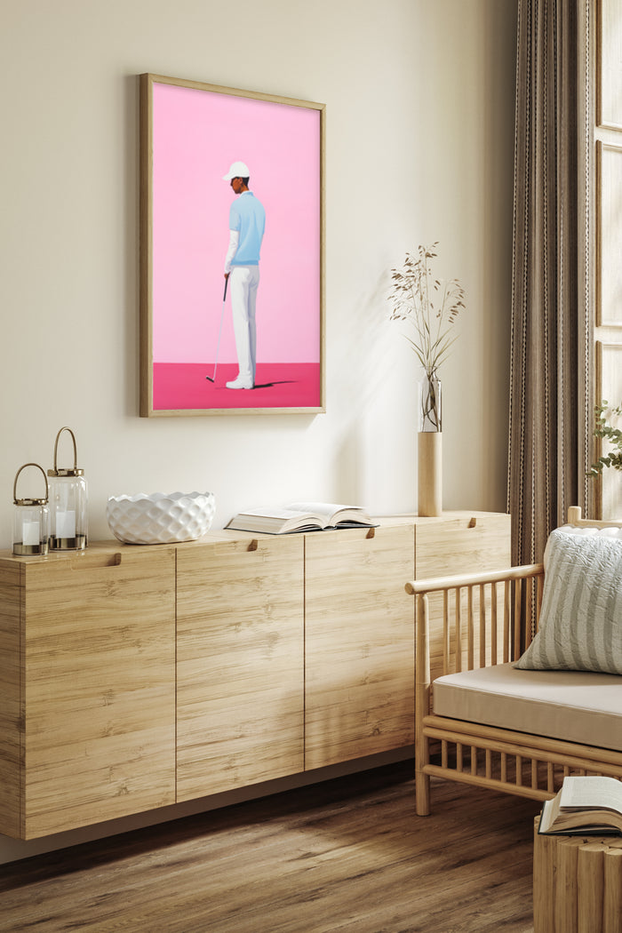 Stylized modern golfer on pink background poster framed in a contemporary living room setting