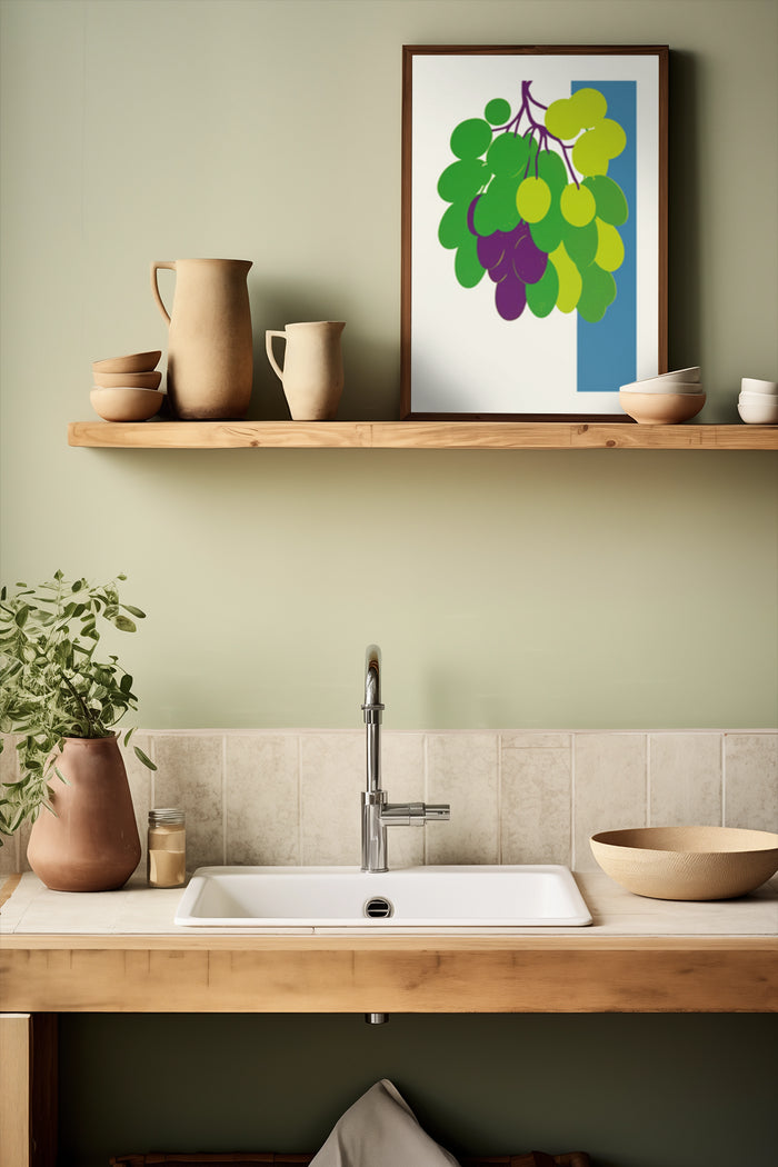 Stylish poster of colorful grape illustration in a contemporary kitchen setting