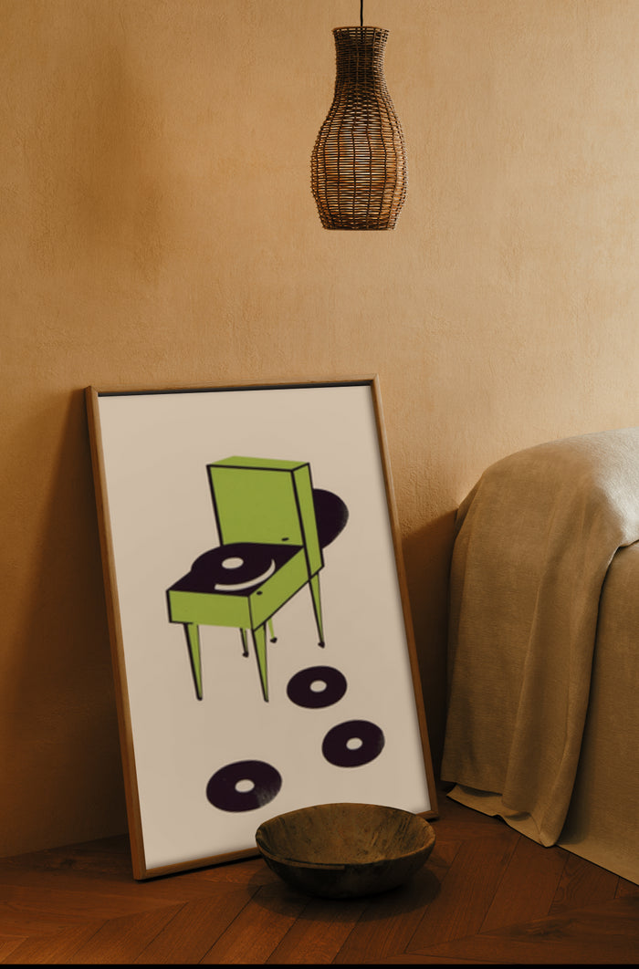 Minimalist Modern Art Poster with Green Chair and Vinyl Records in Stylish Interior