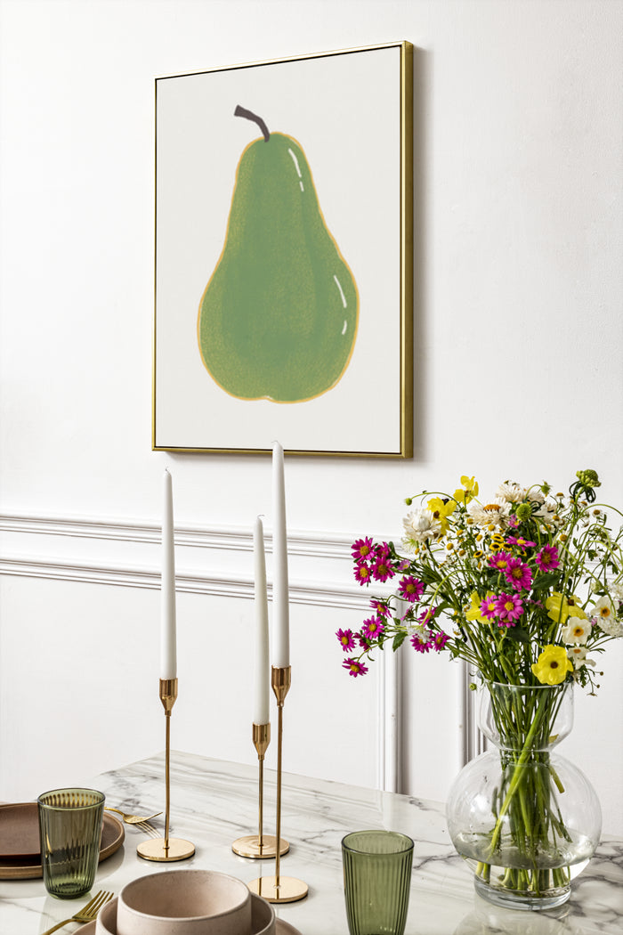 Modern green pear artwork poster displayed in a stylish dining room interior