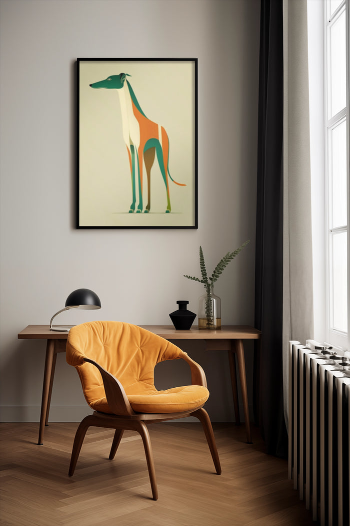 Stylish minimalist interior with modern greyhound artwork poster
