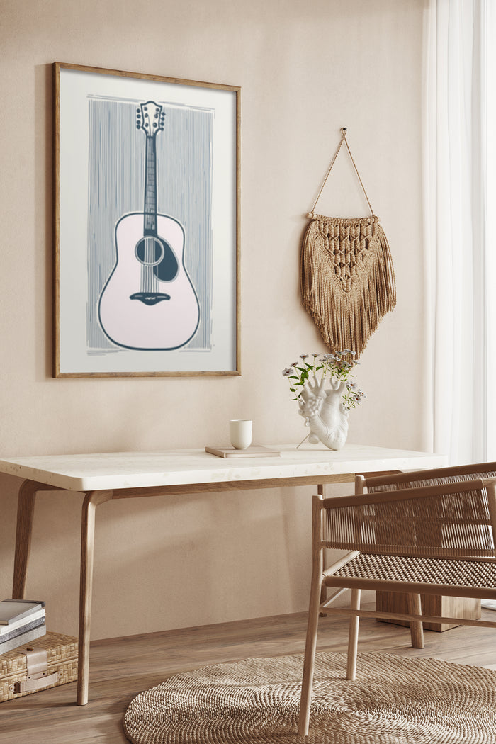 Stylish pink and gray guitar poster framed in a modern home interior with bohemian macrame wall hanging