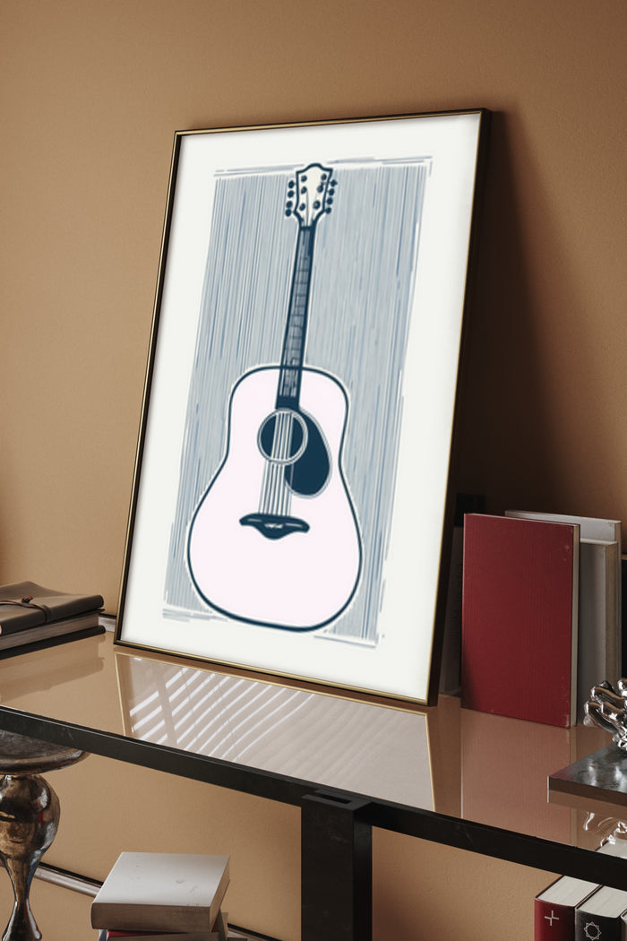 Modern minimalist guitar artwork on poster in chic interior setting